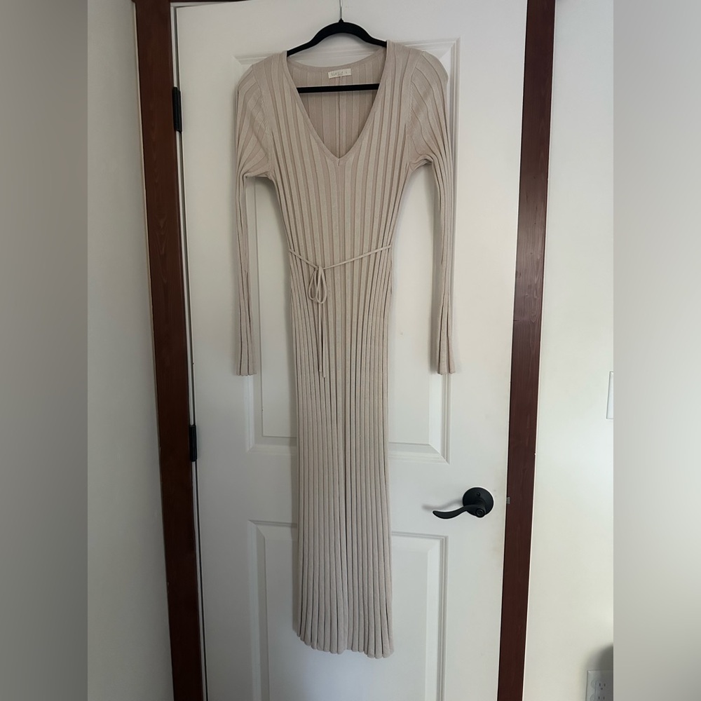 Pinkblush Long Sleeve Ribbed Maxi Dress in Beige